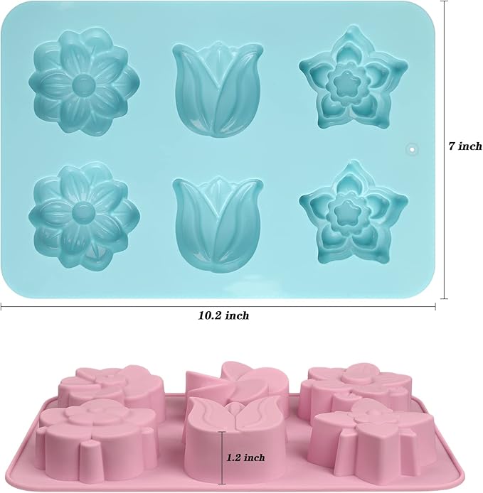 Sakolla 6-Cavity Flower Soap Molds Silicone, 2 Pack Tulip Different Flower Shapes Silicone Molds for Soap, Lotion Bar, Bath Bombs, Chocolate, Candy Baking Molds Jelly, Ice Cube Tray