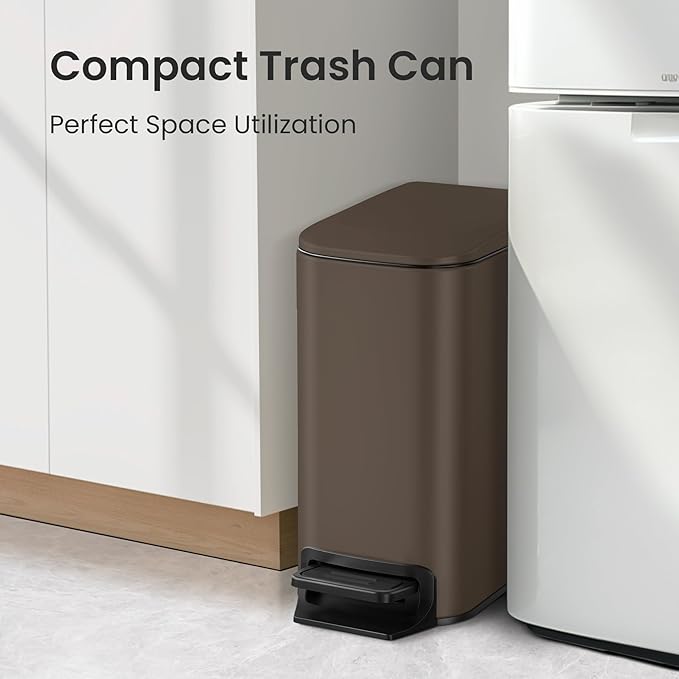 Cesun Small Bathroom Trash Can with Lid Soft Close, Step Pedal, 6 Liter / 1.6 Gallon Stainless Steel Garbage Can with Removable Inner Bucket, Anti-Fingerprint Finish (Brown)
