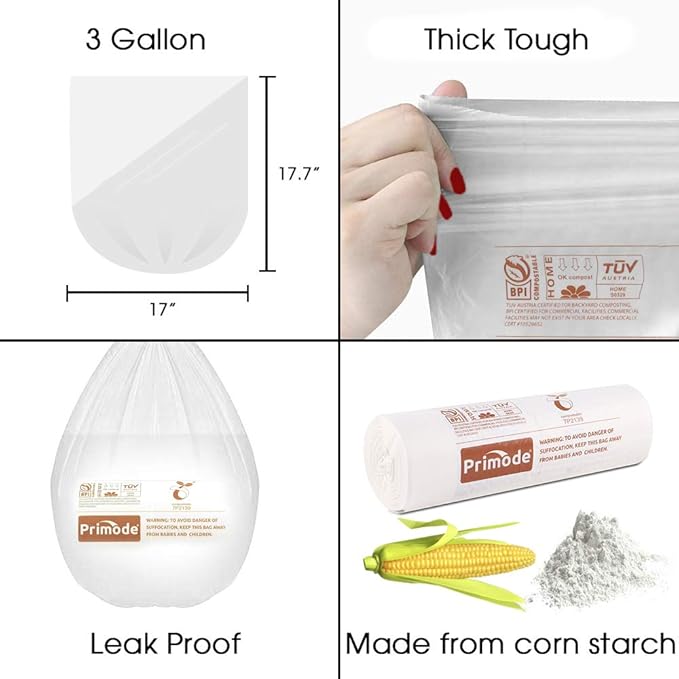 Primode Compostable Bags, 3 Gallon Food Scraps Yard Waste Bags, 100 Count, Extra Thick 0.71 Mil. ASTMD6400 Compost Bags Small Kitchen Trash Bags, Certified By BPI And TÜV AUSTRIA