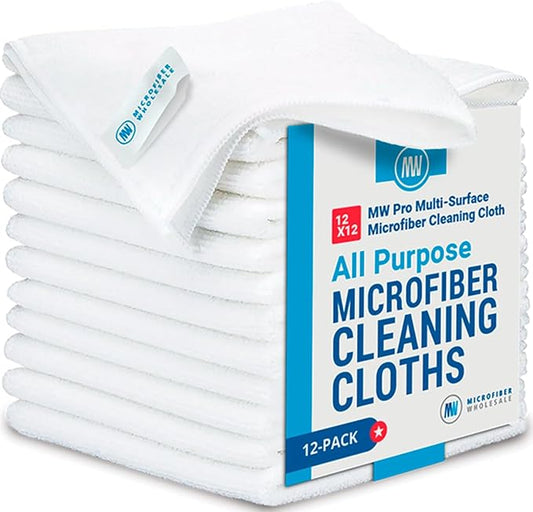 12" x 12" MW Pro Multi-Surface Microfiber Cleaning Cloths | White - 12 Pack | Premium Microfiber Towels for Cleaning Glass, Kitchens, Bathrooms, Automotive, Supplies & Products