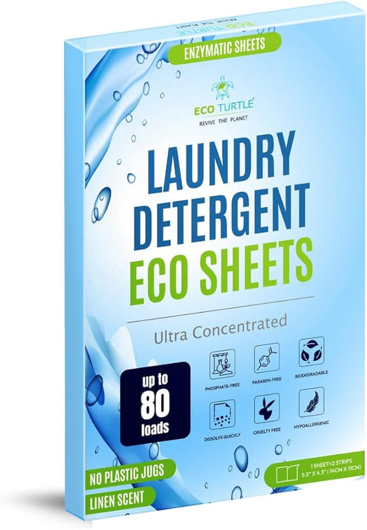 Eco-Friendly 80 Loads Ultra Concentrated Laundry Detergent Sheets Stain-Fighting Enzymes & Plant Powered, Washer Sheets, Space Saving, Travel Friendly for Hot/Cold Cycles, Tackles Tough Stains & Odors
