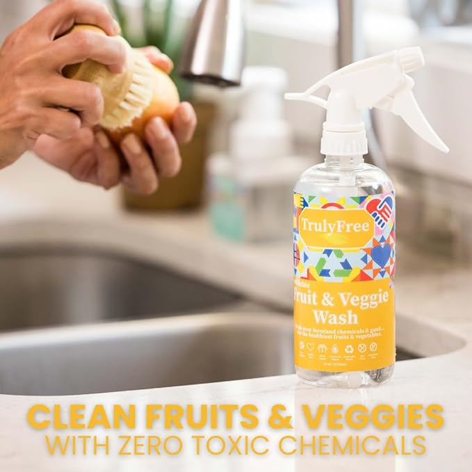 Truly Free Natural Fruit and Veggie Wash Kit - Produce Cleaner Spray (16oz Reusable Empty Bottle + Two Pouches, 3oz ea.) - DIY Vegetable Washer & Fruit Cleanser