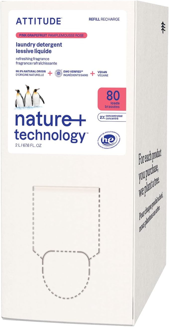ATTITUDE Liquid Laundry Detergent Refill, EWG Verified, HE Compatible, Plant-Based & Vegan, Natural Laundry Soap, Pink Grapefruit Scent, 80 Loads, 67.6 Fl Oz
