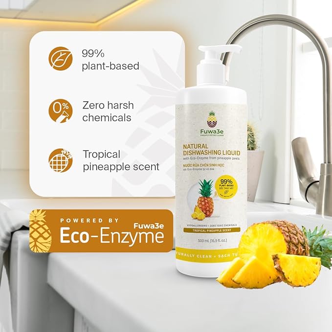 Fuwa3e Pineapple Enzyme Natural Dish Soap Tropical Pineapple Scent - 16.9oz 1 Pack - 99% Plant Based Dish Liquid - Hypoallergenic Dish Soap from Discarded Pineapple Peels