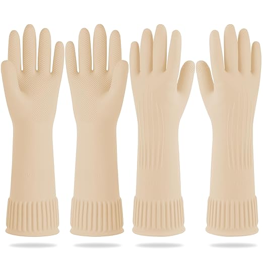 Mamison 2 Pairs Reusable Waterproof Household Dishwashing Cleaning Rubber Gloves, Non-Slip Kitchen Glove (Ivory, Medium (Pack of 2))