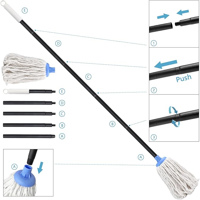 Indoor Mop for Floor Cleaning - Cotton Mops for Floor Cleaning, Regular Mop for Floors, 52-inch Simple Mops for Cleaning Living Rooms, Bathrooms, and Kitchens. (White&Blue)