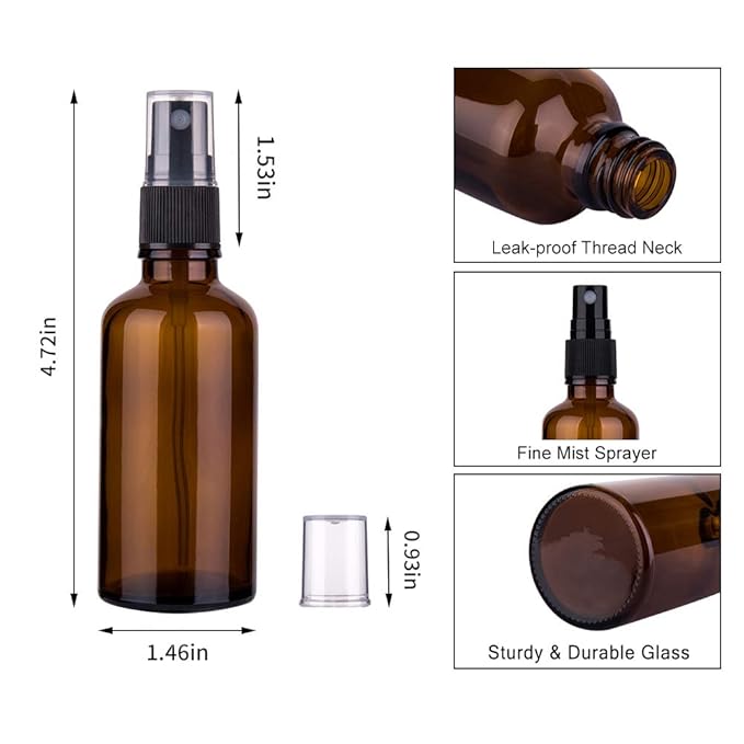 6 Pack Amber Glass Spray Bottles for Essential Oils, 2oz Small Fine Mist Travel Empty Spray Bottle for Hair and Plants