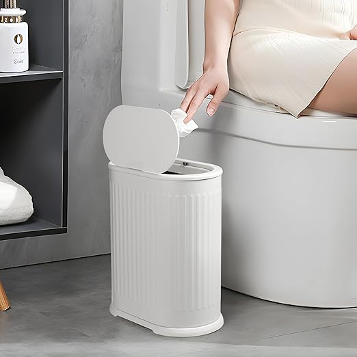 Anzoymx Bathroom Trash Cans White Stainless Steel Small Garbage Can with Pop up Lid, 1.8 Gallons Dog Proof Narrow Wastebasket, Slim Litter Trash Bins for Bedroom, Toilet, Office