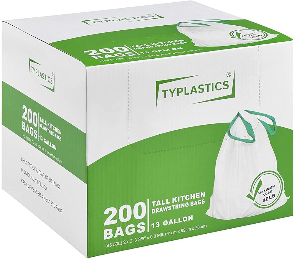 TYPLASTICS Tall Kitchen Drawstring Trash Bags 13 Gallon (200 Count)