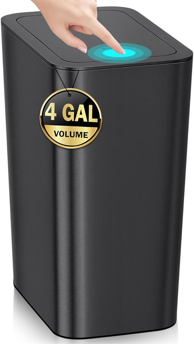 4 Gallon Bathroom Small Trash Can with Lid, 15L Slim Garbage Bin Wastebasket with Pop-Up Lid for Bedroom, Office, Kitchen, Dorm, Fits Under Desk