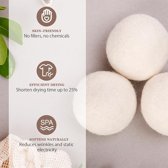 Wool Dryer Balls XL 6 Pack Pure Organic Wool Premium Reusable Fabric Softener New Zealand Sheep Wool Ball for Dryer Natural Fabric Softener Saves Drying Time