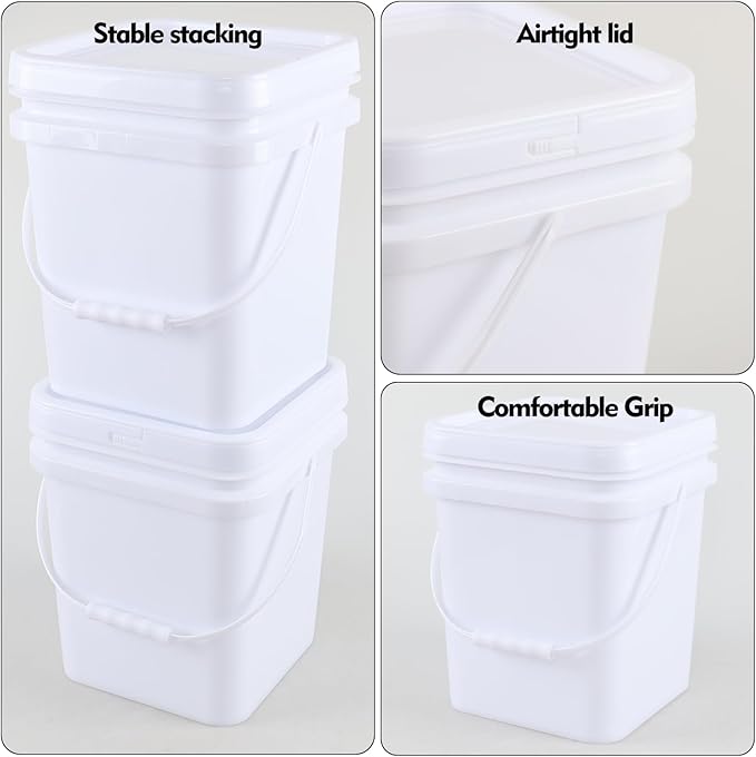 5 Gallon Square Plastic Food Bucket with Handles, 4 Pack Storage Container Pails with Lid, White