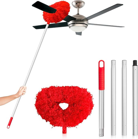 Ceiling Fan Cleaner Duster High Ceiling Extended Fan Blade Cleaner from 13 to 50 Inch Reusable Microfiber Ceiling Fan Duster with Extension Handle for Furniture Bookshelves Wall Door (Red)