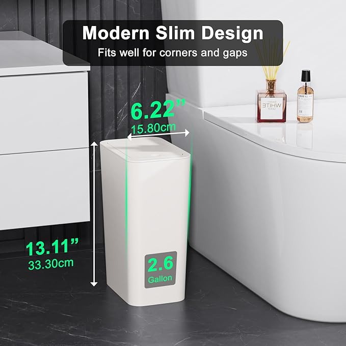 N. NETDOT 3 Pack 10L / 2.6 Gallon Small Trash Can with Lid, Bathroom Garbage Can with Pop-Up Lid, Waste Basket for Bathroom, Kitchen, Bedroom, Powder Room, Craft Room, Office, College (Off White)