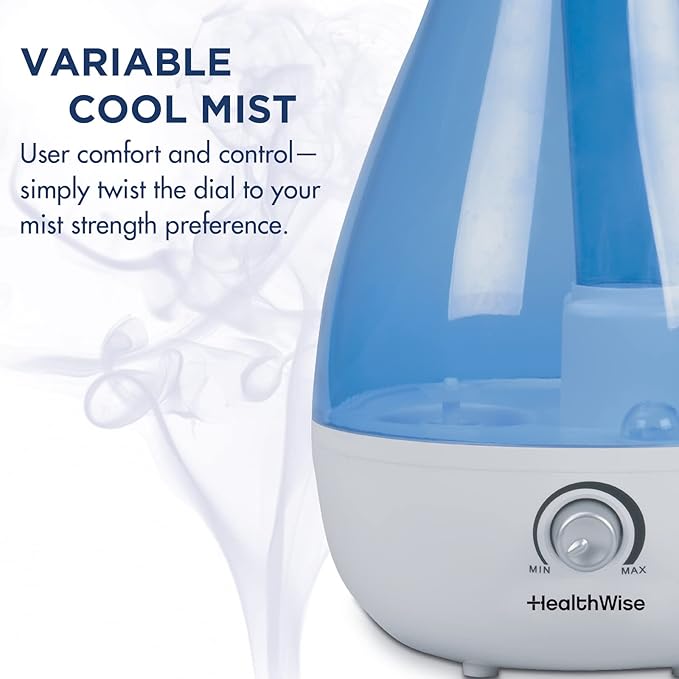 HealthWise Cool Mist Ultrasonic Humidifier | For Medium Size Rooms | No Filter Required | 24 Hour Run Time, Blue, 2.6L