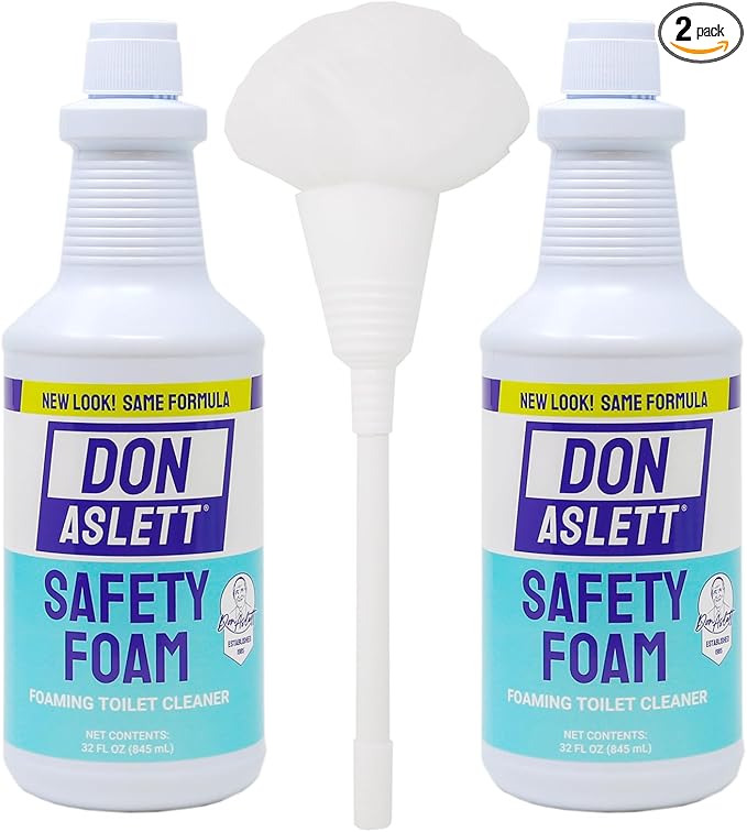 Don Aslett Johnny Mop & Safety Foam Toilet Bowl Cleaner (Two 32 Oz Bottles) Set | Acidic Detergent and Deodorizer | 14" Handle to Easily Clean Toilet or Shower | Scratch Free Bowl Swab
