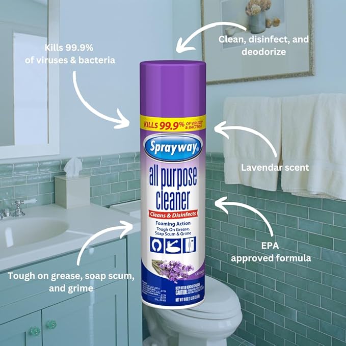 Sprayway All Purpose Cleaner with Lavender Scent, 19oz, Pack of 6 | Foaming Action, Clean, Disinfect, Deodorize | Tough on Grease, Soap Scum, Grime | EPA Approved, Kills 99.9% of Viruses & Bacteria