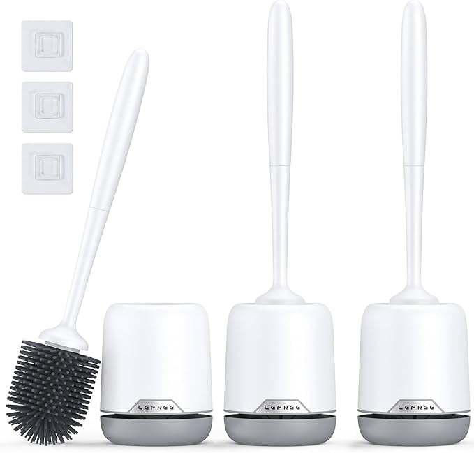 Lefree Toilet Brush Set, 3 Pack Silicone Toilet Bowl Brush and Holder with Ventilated Holder, for Bathroom Floor Standing & Wall Mounted Scrubber