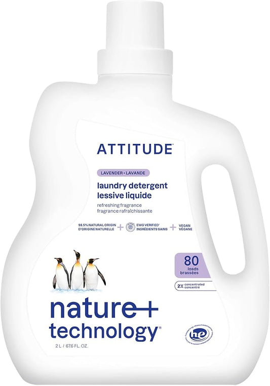ATTITUDE Liquid Laundry Detergent, EWG Verified, HE Compatible, Plant-Based & Vegan, Natural Laundry Soap, Lavender Scent, 80 Loads, 67.6 Fl Oz