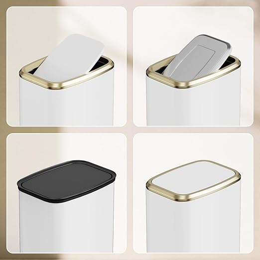 8L/2.1 Gallon Small Bathroom Trash Can with Lid, Swing-Top Rectangular Waste Bin, Stainless Steel Garbage Can for Home, Office, Toilet, Bedroom, Living-Room (White)