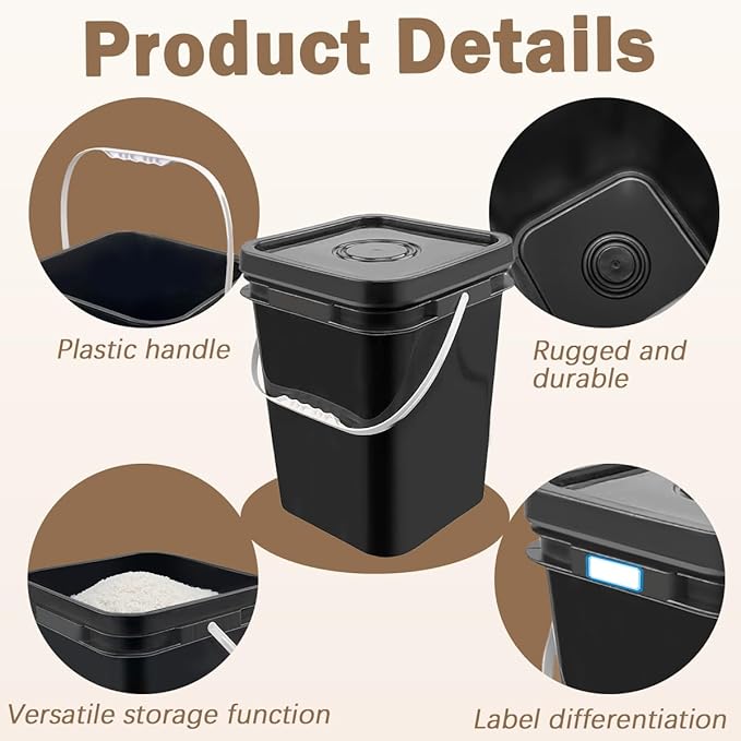 6 Pcs 5 Gallon Square Bucket with Lid,Industries Barrels with lid and Plastic Handle,Rain Buckets,Food Storage Containers DIY Label Stickers Towel and Brush for Paint Storage Tank Crafts
