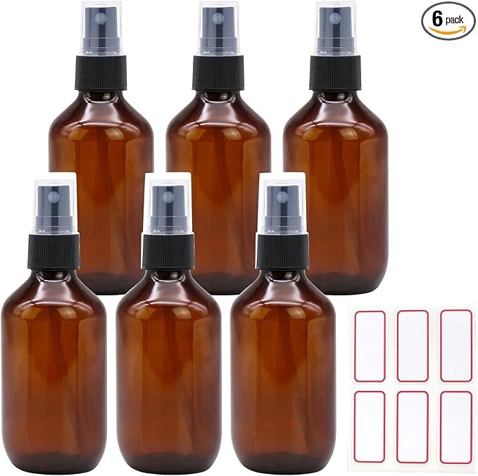 6 Pack 3.4oz Amber Spray Bottles, Small Fine Mist Mister Plastic Travel Bottles, Empty Bottles Set for Essential Oils Hair