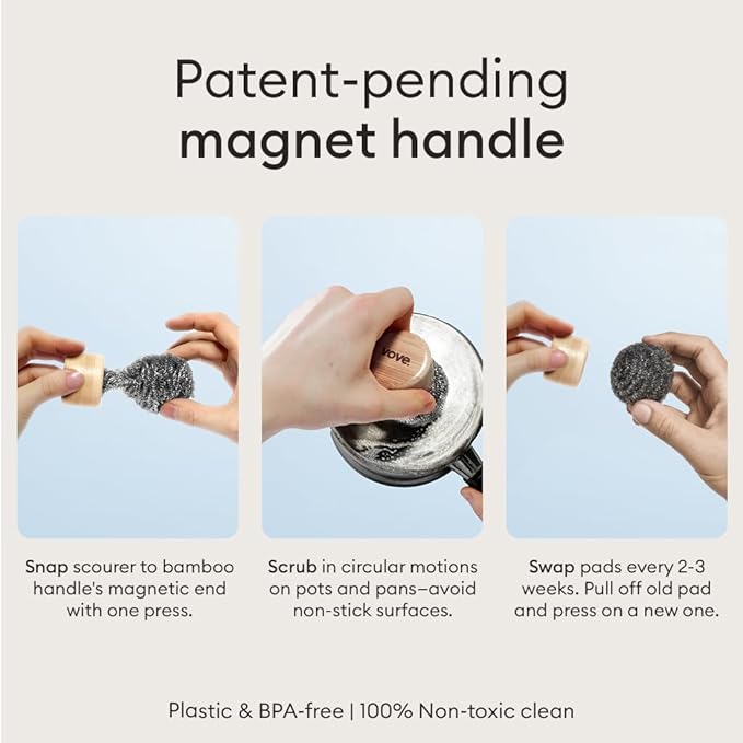 Vove Magnetic Scourer & Bamboo Dish Brush Set, Stainless Steel Scrubber with FSC-Certified Bamboo Handle and 3 Pads, Sisal Fiber Brush, for Cast Iron, Pots & Pans, Eco-Friendly Kitchen Cleaning Bundle