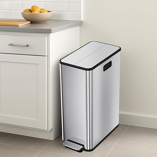 14.8 Gallon / 56L Kitchen Trash Can with Wing Lid, 2 x 7.4Gal Dual Compartments Slim Stainless Steel Garbage Can with 2 Removable Inner Buckets, Fingerprint-Proof Step Rubbish Bin With Soft-Close Lid