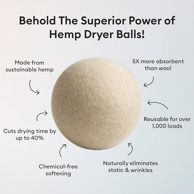 Vove Natural Hemp Dryer Balls - 4 Pack, 5X More Absorbent Than Wool - Cuts Drying Time up to 35%, Natural Fabric Softener, Reduces Wrinkles and Static, Reusable, Hypoallergenic, Eco Friendly
