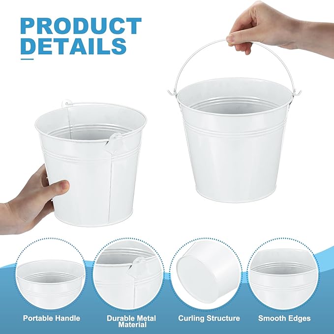PATIKIL 5.9"x5.1" Small Metal Buckets with Handle, 6 Pcs Mini Galvanized Bucket Colorful Easter Buckets for Crafts Party Favors Decoration, White