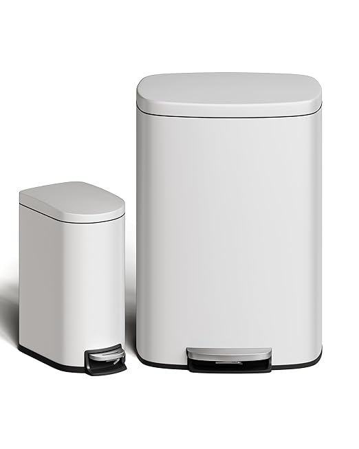 Garvee 13 Gal (50L) and 2.6 Gal (10L) Metal Trash Can Combo Set, Rustproof Garbage Can with Lid, Step-on Trash Bin with Inner Bucket, Rear Handle, White