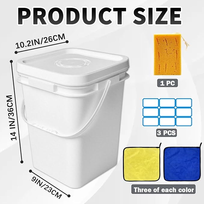 6 Pcs 5 Gallon Square Bucket with Lid Food Storage Container with Plastic Handle,Industrial Bucket with DIY Label Stickers and Towel for Paint Storage Tanks Handicrafts