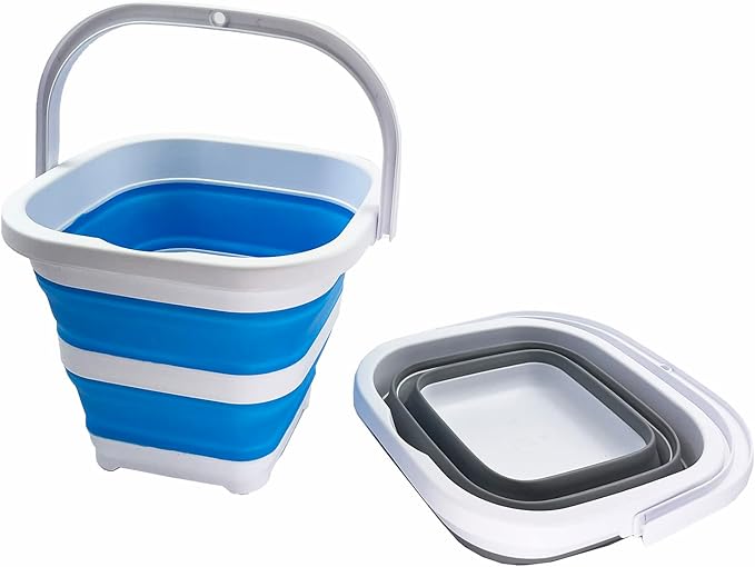 SAMMART Collapsible Rectangular Cleaning Bucket 5L (1.3 Gallon)- Foldable Camping Beach Sand Water Pot Pail- Portable Space Saving Tub for Household, Outdoor Car Washing (Grey + Sky Blue (Set of 2))