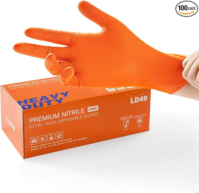 LANON 8mil Orange Disposable Nitrile Gloves, Mechanic, Heavy Duty, Food Safe, Latex Free, Powder Free, Fully-Diamond Textured, XXL