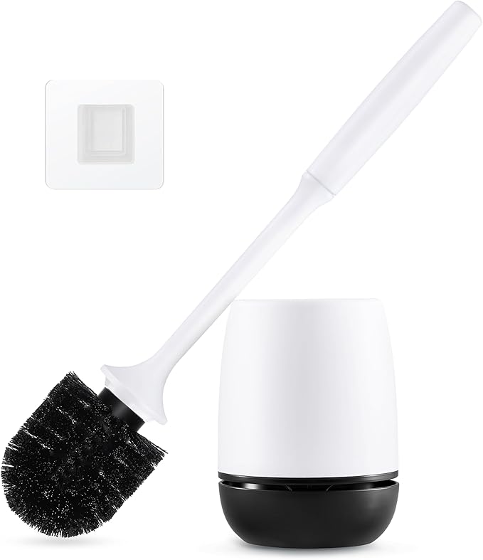 Toilet Brush, Toilet Bowl Brush and Holder Set for Bathroom, Toilet Cleaning Scrubber Cleaner Brush for Bathroom for Deep Cleaning with Stiff Plastic Bristle, Ventilated Holder (Black Head)