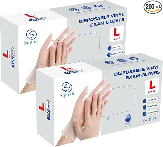squish Disposable Gloves, Clear Vinyl Gloves 4 mil Thick Gloves Latex Free Powder-Free Glove Cleaning Rubber Glove Health Gloves for Kitchen Cooking Cleaning Food Handling, 100PCS*2Pack, Large