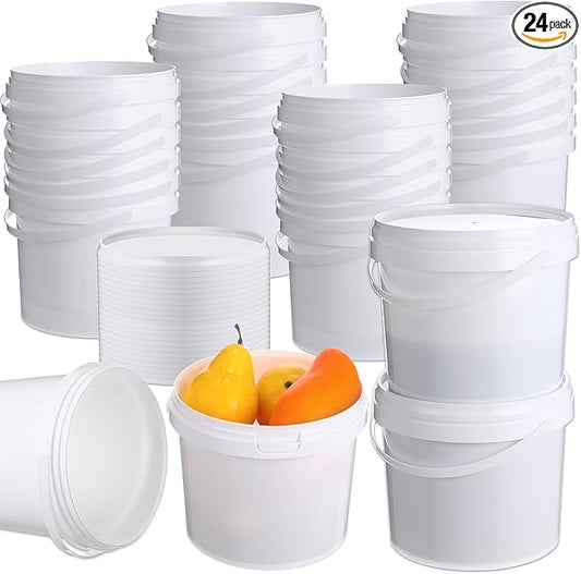 24 Pcs 101 Oz/ 3L Plastic Food Buckets with Lids and Handle 0.8 Gallon Ice Cream Buckets Round Deli Pail Container Safe Ice Cream Tubs Pack Reusable Freezer and Microwave for Juice Drinks Soup Storage