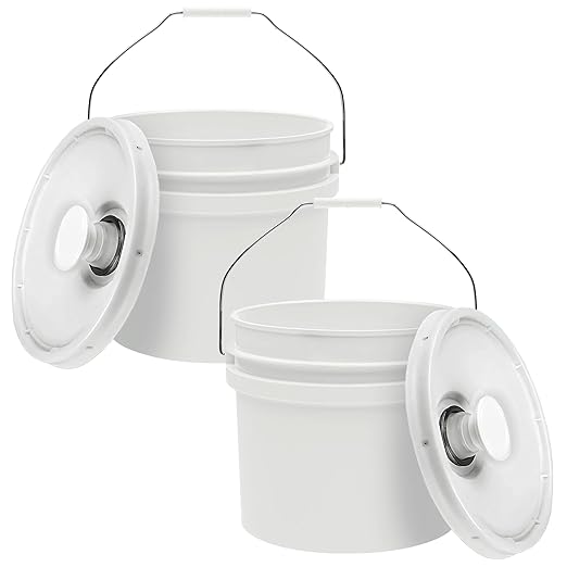 3.5-Gallon White Bucket Pail with Spout Lid, Metal Handles with Plastic Grip for Easy Carrying, Easy Stack and Store, Heavy-Duty Extra Durable, Food Grade, BPA Free - 2 Pack