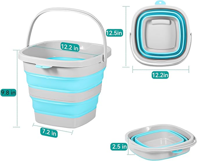 2 Pack 2.6 Gallon(10L) Collapsible Plastic Buckets with Handle Compact Cleaning Square Storage Bucket Portable Water Tub Outdoor Water Pail for Garden Hiking Fishing Camping (Blue)