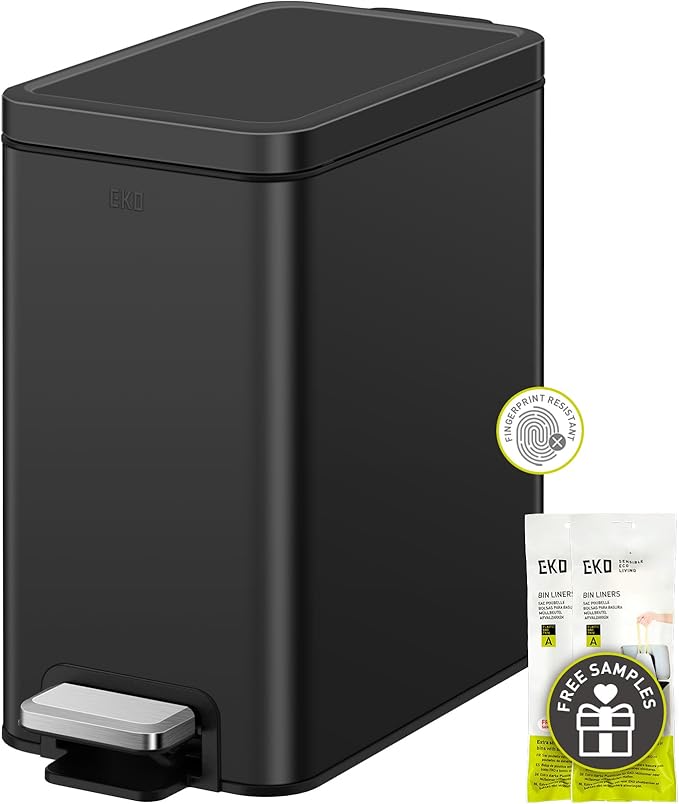 EKO Small Bathroom Trash Can with Lid Soft Close, Step Pedal, 6 Liter / 1.6 Gallon Stainless Steel Garbage Can with Removable Inner Bucket, Anti-Fingerprint Finish (Matte Black)