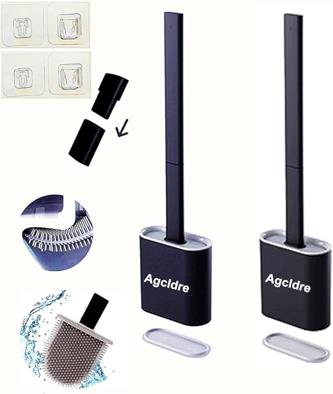 Toilet Brush with Holder Silicone Toilet Brush and Cleaning Brush for Household Bathroom Toliet Brush Set (Black,Black)