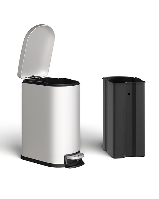 Garvee 13 Gal (50L) and 2.6 Gal (10L) Metal Trash Can Combo Set, Rustproof Garbage Can with Lid, Step-on Trash Bin with Inner Bucket, Rear Handle, White