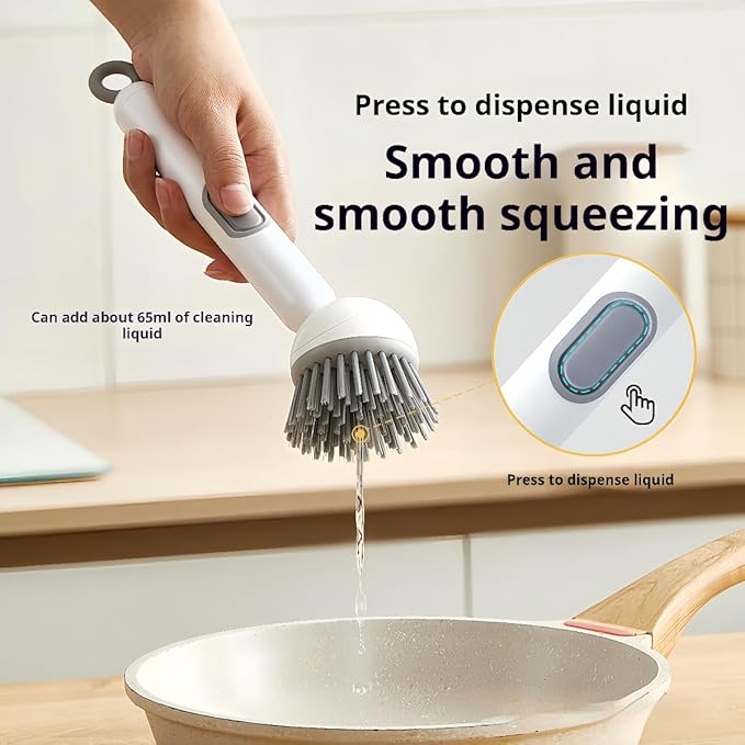 Adjustable Dish Brush with Soap Dispenser, Non-Scratch PET Bristles, Ergonomic Handle, Kitchen Cleaning Tool for Pots, Pans & Sink (Yellow, Short Style-1 Piece)