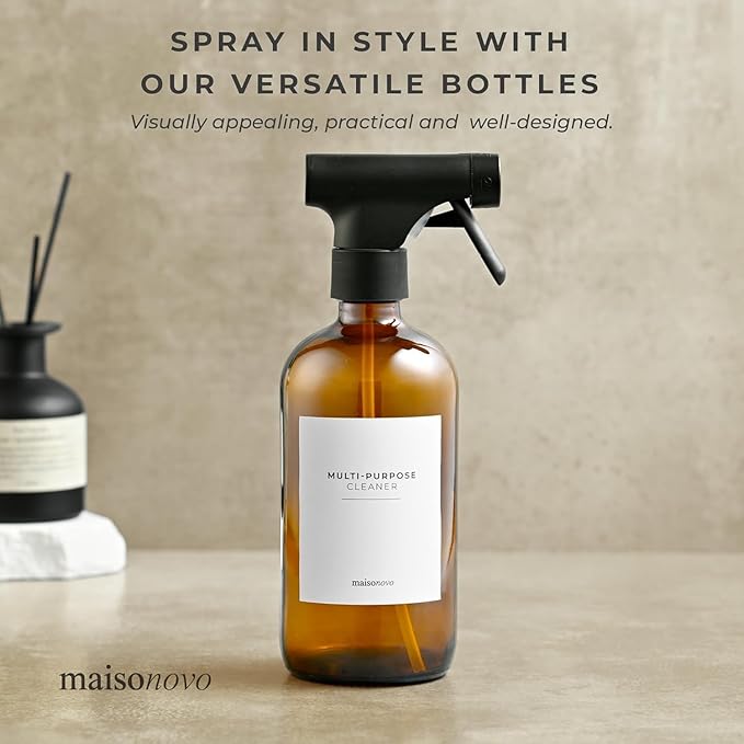 MaisoNovo Glass Spray Bottle - 16.9 fl oz Amber x 2 with 16 Labels