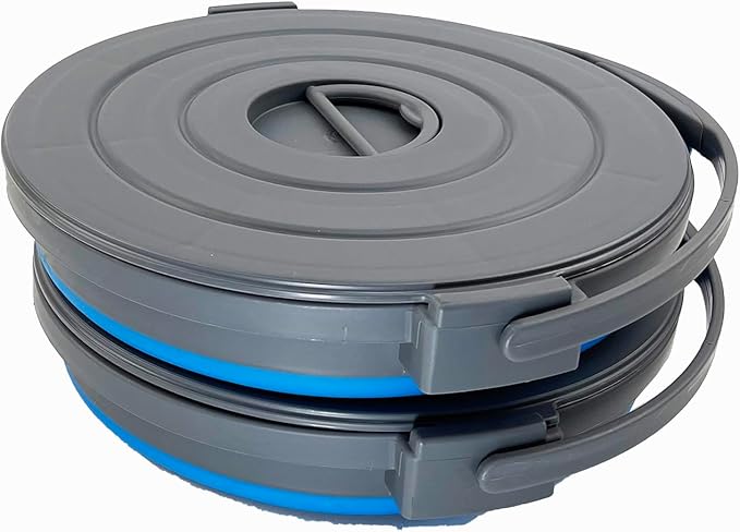 SAMMART Set of 2-10L (2.64Gallon) Collapsible Fishing Bucket Locking Lid, 31cm Dia. (2, Grey/Blue)