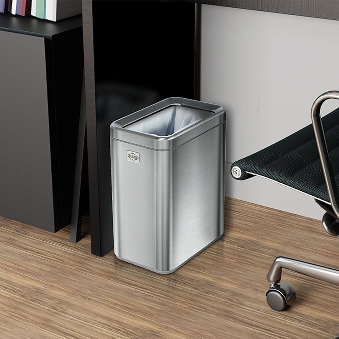 CLOROX Slim Open Trash Can - 2.6 Gallon (10 Liter) Small Metal Waste Basket with Removable Bucket for Narrow Spaces - Stainless Steel Garbage Bin for Bathroom, Bedroom, or Office