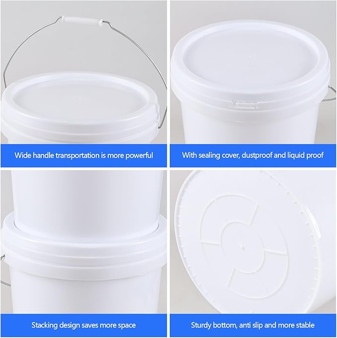 4 Gallon Plastic Bucket Pail Container with Lid, 4-Pack Food Storage Bucket Pail with Handles, White