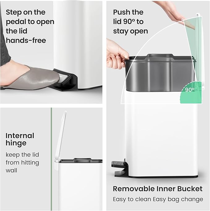 Cesun Small Bathroom Trash Can with Lid Soft Close, Step Pedal, 6 Liter / 1.6 Gallon Stainless Steel Slim Garbage Can for Bedroom, Diaper Waste Basket with Removable Inner Bucket (White)
