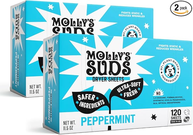 Molly's Suds Fabric Softener Dryer Sheets for Sensitive Skin | Plant-Based Static Reducer, Plastic-Free Packaging | Bundle of 2, Peppermint (240 Sheets Total)