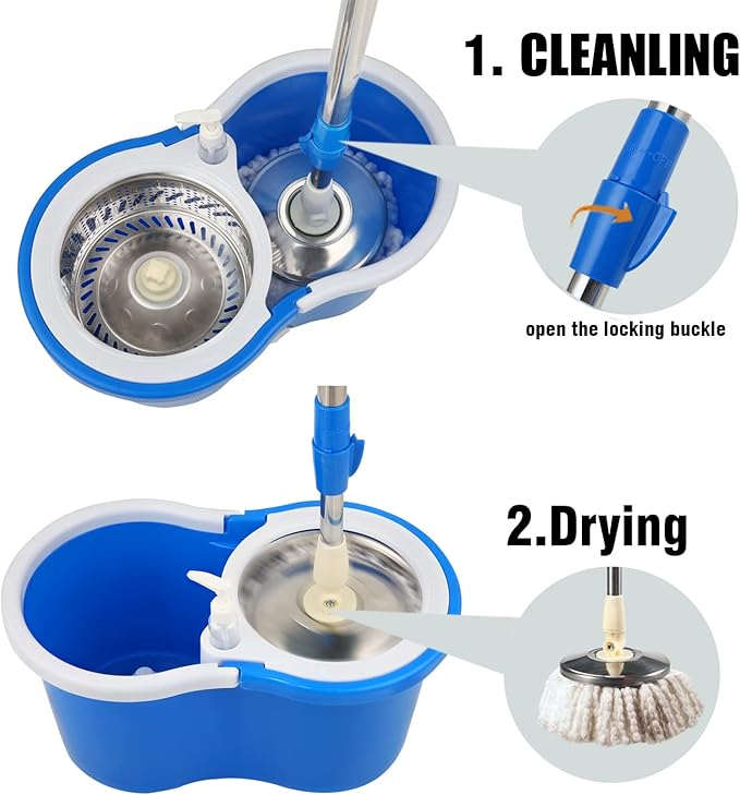 Mop and Bucket Set, 360° Spin Mop and Bucket with Wringer Set and 6 Microfiber Mop Refills, Stainless Steel 61" Extended Handle Spinning Mop Bucket System for Floor Cleaning (2 Sets)